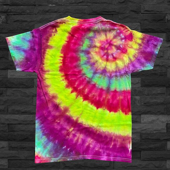 Ice Dyed Unisex T-shirt - Tie Dye Superspiral - Green Magenta (Size Small) - Picture 4 of 10
